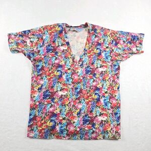L.A. Annex Vintage Womens Floral V-Neck T-Shirt Multicolor Short Sleeve Medium